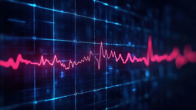 glowing neon pink heartbeat waveform across a blue digital grid monitor conveying urgency and vitality