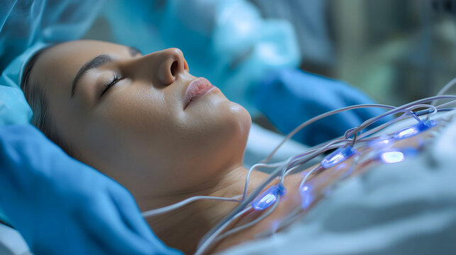 A woman lying on a hospital stretcher, undergoing ECG test, cardiologist wearing gloves applying suction ECG electrodes, wires sterile shee
