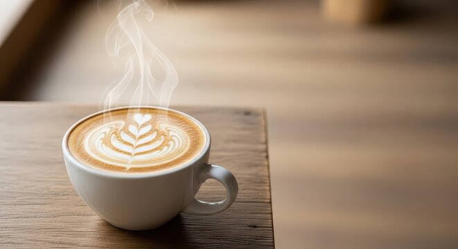 Steaming hot cup of freshly made coffee with intricate milk foam design rests on a wooden surface