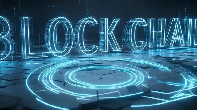 Futuristic blockchain technology illustration with glowing text and hexagonal background for digital innovation