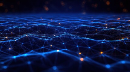 Glowing blue digital mesh landscape of interconnected nodes and lines with orange highlights, evoking a futuristic, mysterious sense of connectivity