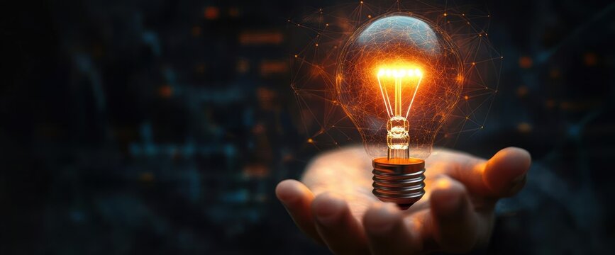 glowing filament light bulb held above an open human hand with digital network connections, evoking inspiration and innovation