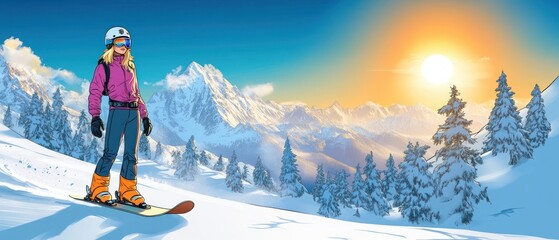 Female snowboarder in helmet and goggles stands on a snowy slope overlooking sunlit alpine mountains and pine trees, feeling exhilarated and serene