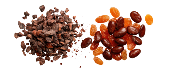 Two piles of dried fruit and cocoa nibs on black