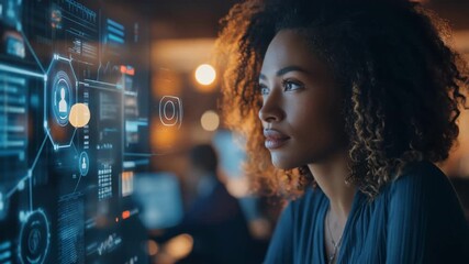 Focused woman engaged with futuristic technology and digital interface in a modern workspace - Powered by Adobe