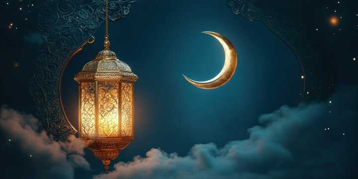 ornate golden hanging lantern glowing above clouds beside a shining crescent moon in a decorative arch, serene mystical nighttime atmosphere - Powered by Adobe