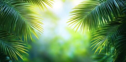 Fototapeta premium sunlit tropical palm fronds framing a soft green bokeh background conveying calm peaceful serenity