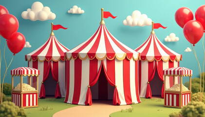 A festive scene of striped tents with red flags, a popcorn stand.
