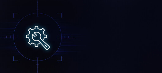glowing icon depicts a gear and a wrench, symbolizing settings, configuration, or technical support