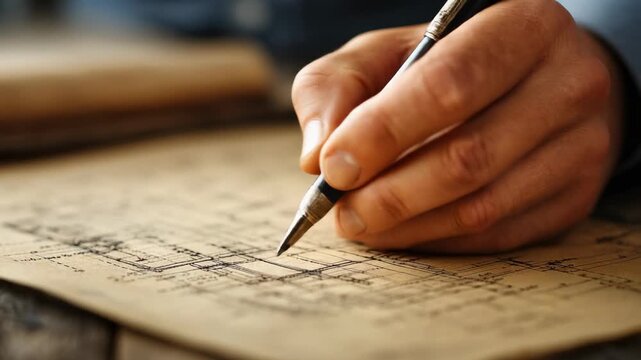 Detailed hand sketching of architectural blueprints on vintage paper for design enthusiasts