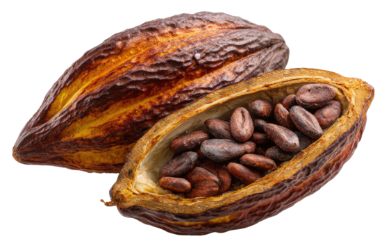 Ripe cocoa pod split open, revealing abundant brown seeds within