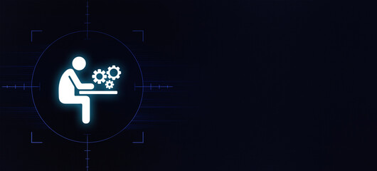 glowing pictogram shows a figure sitting at a desk with several gears, representing engineering, process management, or development work