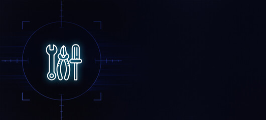 glowing set of tools, including a wrench, pliers, and a screwdriver, symbolizes technical repair and maintenance services