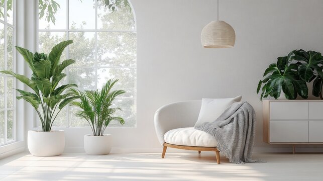 Sunlit minimalist living room corner with cozy armchair, soft cushion and knit throw, large arched window, potted leafy plants, wooden sideboard and pendant lamp conveying calm serenity