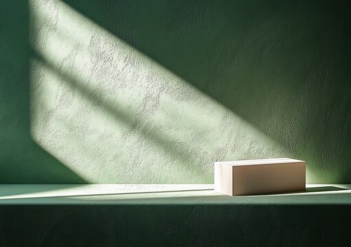 Minimal still life with a single beige rectangular block on a green textured shelf illuminated by diagonal sunlight beams, serene calm and quiet shadows