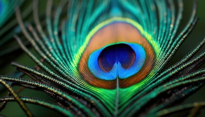 Obraz premium A close-up of a peacock feather showcases vibrant colors.