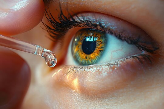 Close-up of a hazel green eye with golden flecks receiving a tear-like drop from a pipette, delicate application conveying care and relief