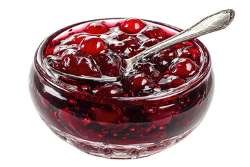 Rich, ruby-red berry compote in a glass bowl with spoon