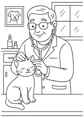 coloring book veterinarian dad checking a cat’s ears