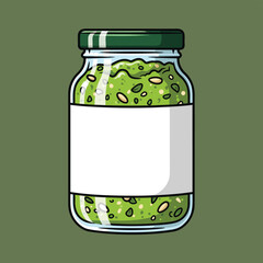 A cartoon illustration of a glass jar filled with vibrant green pesto, featuring a striped green lid and a blank white label, set against a solid olive green background.