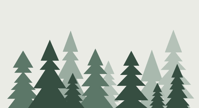 A minimalist illustration of a dense forest of evergreen trees in varying shades of green.