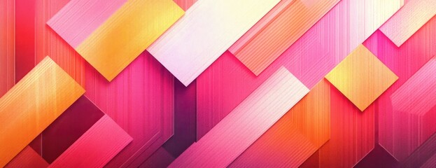 Overlapping diagonal geometric rectangles in pink, orange and yellow with textured gradients and shadows, vibrant energetic abstract composition