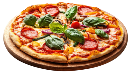 Pepperoni Pizza with Fresh Basil and Vegetables isolated on a transparent background