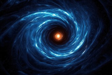 swirling blue spiral vortex of luminous strands encircling a bright orange glowing core, a mesmerizing mysterious cosmic tunnel conveying motion, depth and radiant energy