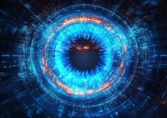 Glowing blue digital eye with concentric circuitry rings and orange data highlights, radiating intense futuristic energy and a watchful mysterious mood
