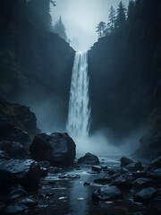 A tall waterfall flows down a rugged rocky cliff surrounded by dense forest. Wet stones and misty light create a dramatic, moody nature landscape