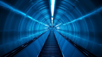 Obraz premium Futuristic Blue Escalator Tunnel with Symmetrical Lighting and Perspective