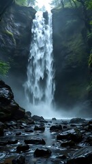 A tall waterfall flows down a rugged rocky cliff surrounded by dense forest. Wet stones and misty light create a dramatic, moody nature landscape