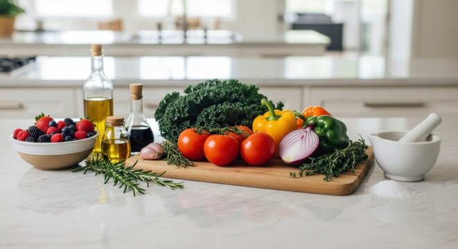Vibrant Fresh Vegetable and Fruit Arrangement on Kitchen Countertop - Powered by Adobe