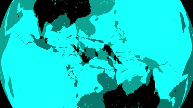 Abstract Cyan Globe with Dark Landmass Silhouettes and animated Black Edges earth world. Vivid cyan globe with dark continents and animated black edges, ideal for digital, abstract, or futuristic