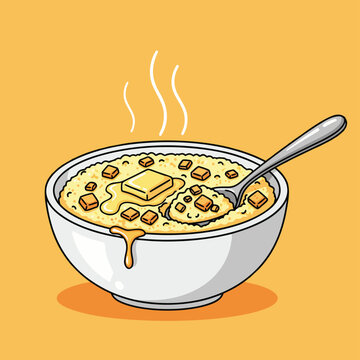 A cartoon illustration of a steaming bowl of hot grits or oatmeal with melting butter and crunchy croutons, served with a spoon on an orange background.