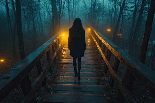 A solitary figure walks along a dimly lit, wooden bridge surrounded by misty woods, creating an eerie and atmospheric scene. - Powered by Adobe