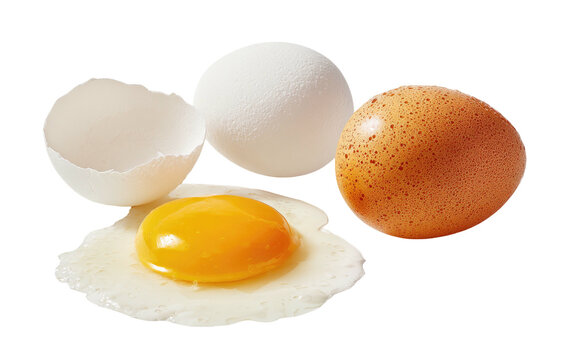 Fresh eggs, one cracked open showing yolk and white