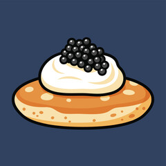 Cartoon illustration of a blini topped with white cream and black caviar, a classic gourmet appetizer.