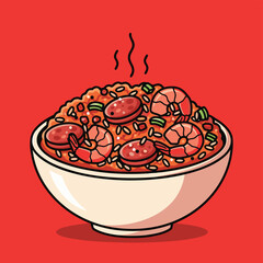 A vibrant cartoon illustration of a steaming bowl of jambalaya, featuring rice, shrimp, and sliced sausage, set against a bold red background.