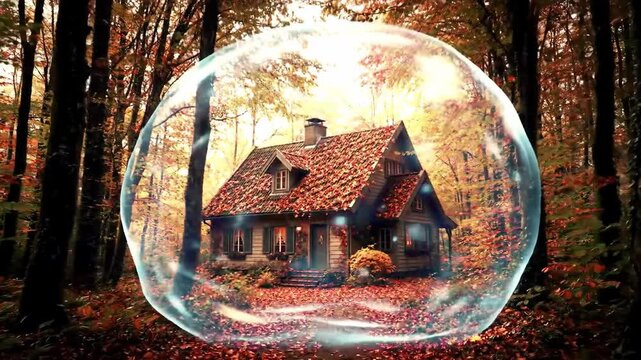 Cozy leaf-covered cottage nestled in autumn woods, protected by a glowing bubble. Serene & magical