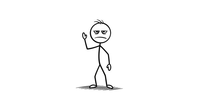 Annoyed stick figure character waving with a bored and grumpy expression