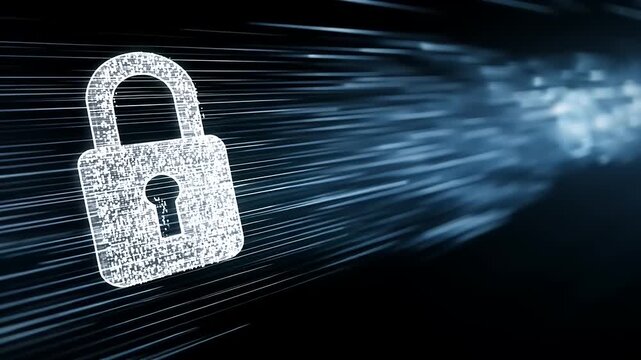 Digital representation of cybersecurity with glowing locks and fast-moving data streams in a dark background