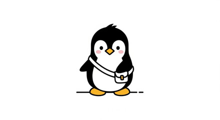 A cute cartoon penguin with a small bag, standing on a white surface, isolated on the penguin is black and white with orange beak