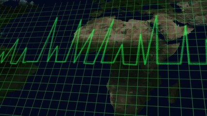 Green Digital Heartbeat Line Overlaying a World Map of Africa electrocardiogram heart rate animation. Digital green heart rate line, pulsing over Africa, world map animation, medical technology. - Powered by Adobe