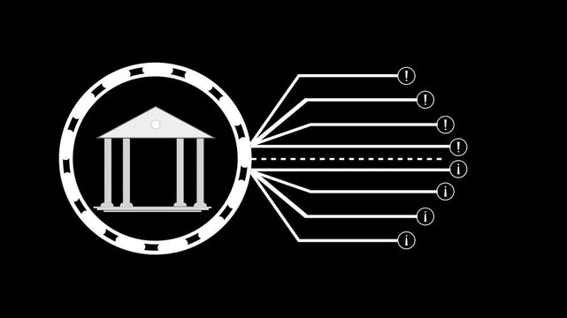 Stylized animation White Icon of a Classical Building with Columns Inside a Circular Frame on Black symbol. White classical building silhouette, circular border, black background, 