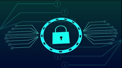 Cyan Digital Padlock Icon with Circuit Lines and Exclamation Marks on Dark Blue animation Background. Neon cyan lock icon, digital circuits, exclamation marks, dark blue motion graphic, secure data - Powered by Adobe