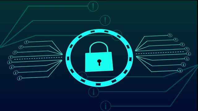 Cyan Digital Padlock Icon with Circuit Lines and Exclamation Marks on Dark Blue animation Background. Neon cyan lock icon, digital circuits, exclamation marks, dark blue motion graphic, secure data