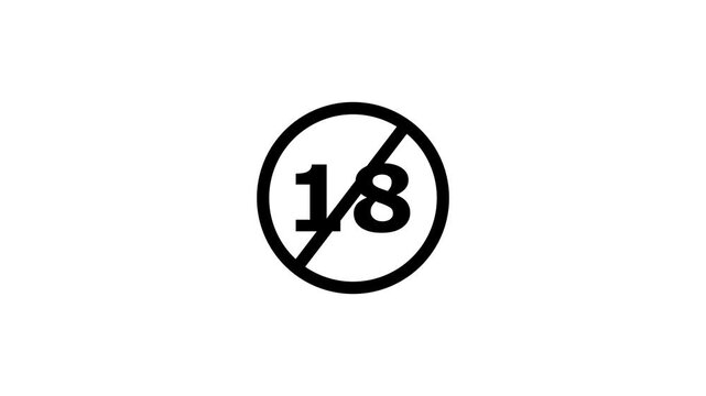 animation of under 18 prohibition sign symbol on a black background. 18+ not allowed icon. No under 18 sign icon