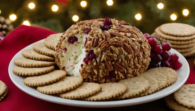 holiday cranberry and pecan cheese ball served with crackers on a plate