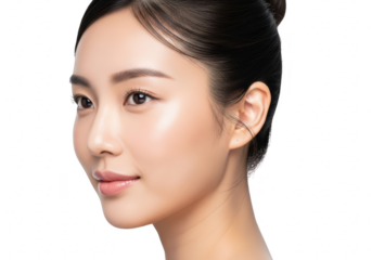 Closeup of a beautiful asian woman with flawless skin, posing against an isolated on transparent background in a beauty studio